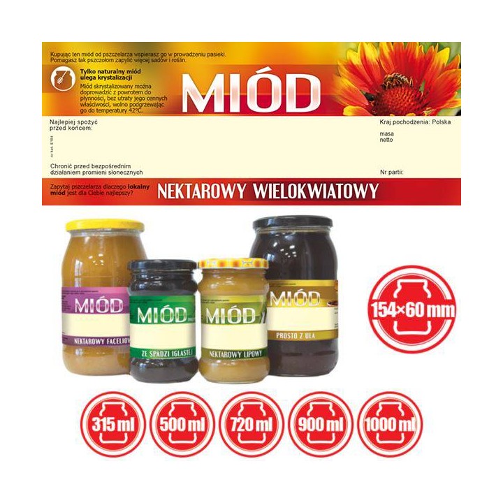Paczka dużych etykiet na miód wielokwiatowy (100szt) - wzór E154