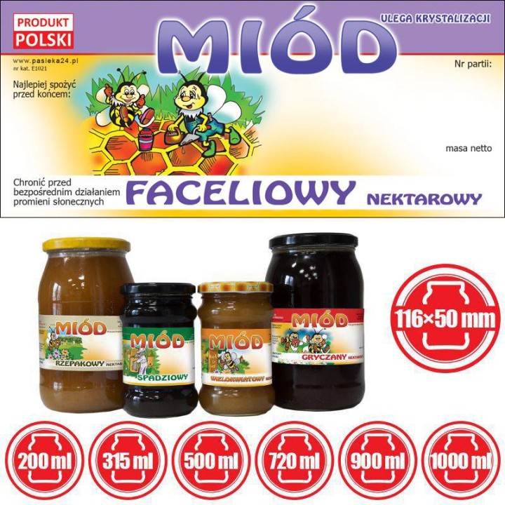 Paczka etykiet na miód faceliowy 116x50 (100szt) - wzór E1021