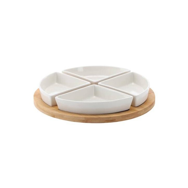 OKRĄGŁA DESKA DO SERWOWANIA PRZYSTAWEK Z 4 MISECZKAMI PORCELANOWYMI 30x4CM - MUT7286