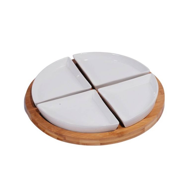 OKRĄGŁA DESKA DO SERWOWANIA PRZYSTAWEK Z 4 MISECZKAMI PORCELANOWYMI 30x4CM - MUT7286
