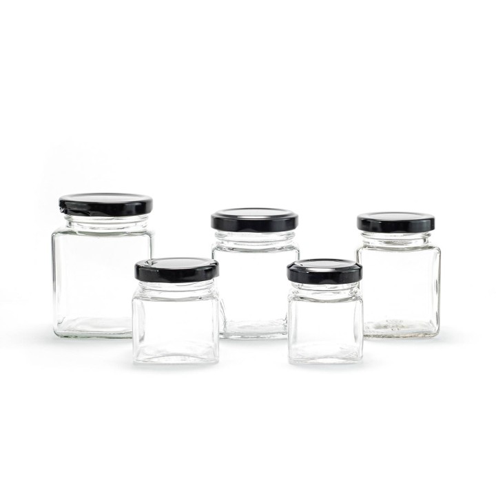 Paczka 6szt słoiczków kwadratowych 150ml z nakrętkami czarnymi - wzór A106