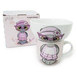 PORCELANOWY ZESTAW NACZYŃ (KUBEK + MISKA) - KOTEK