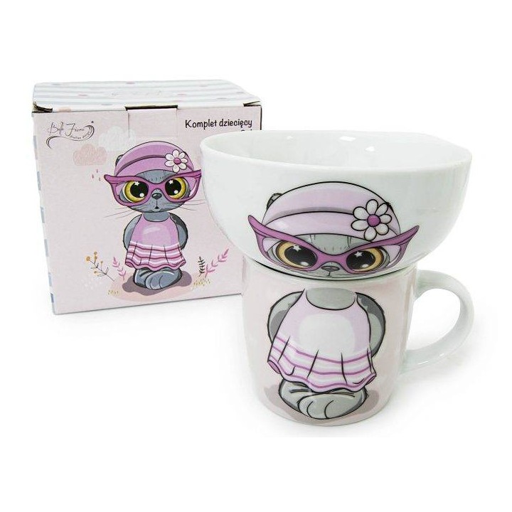 PORCELANOWY ZESTAW NACZYŃ (KUBEK + MISKA) - KOTEK