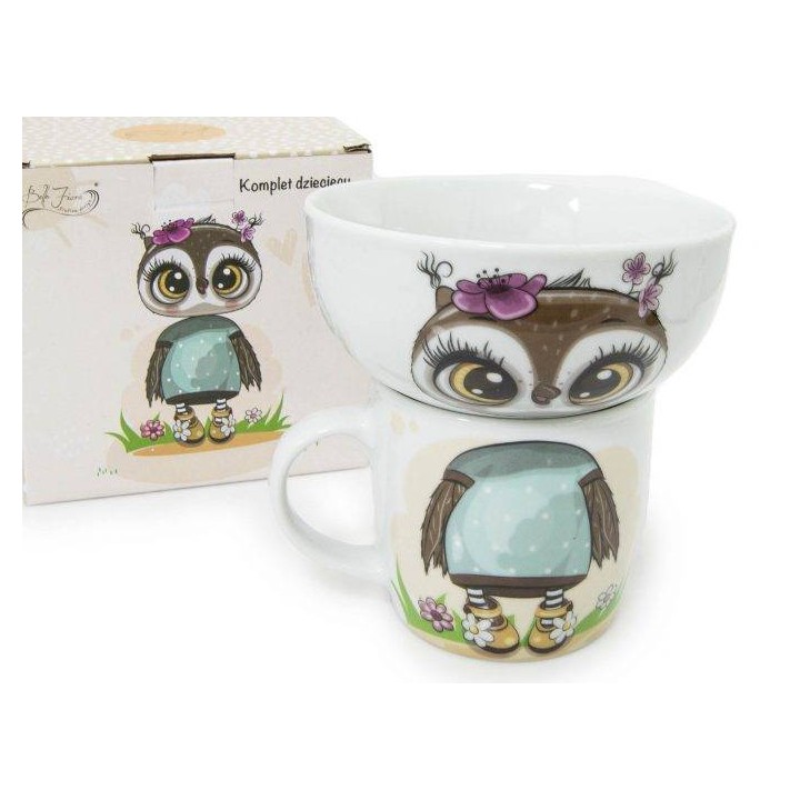 PORCELANOWY ZESTAW NACZYŃ (KUBEK + MISKA) - SOWA