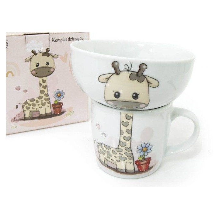 PORCELANOWY ZESTAW NACZYŃ (KUBEK + MISKA) - ŻYRAFA
