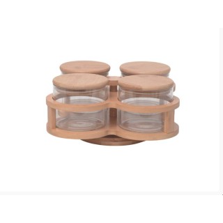 Komplet 4 słoików szklanych 700ml z drewnianymi pokrywami na podstawce