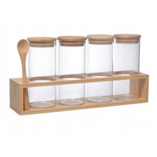 Komplet 4 słoików szklanych 400ml z drewnianymi pokrywami na drewnianej podstawie z łyżką
