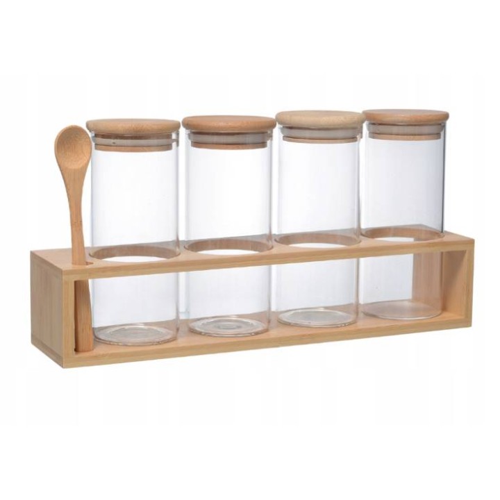 Komplet 4 słoików szklanych 400ml z drewnianymi pokrywami na drewnianej podstawie z łyżką