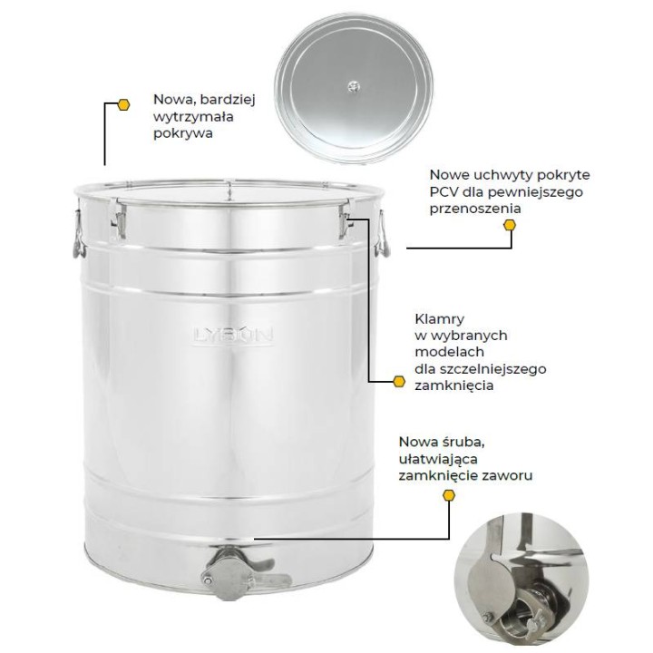 Odstojnik nierdzewny 30 l / ~40 kg, zawór nierdzewny 6/4", uchwyty  – CLASSIC