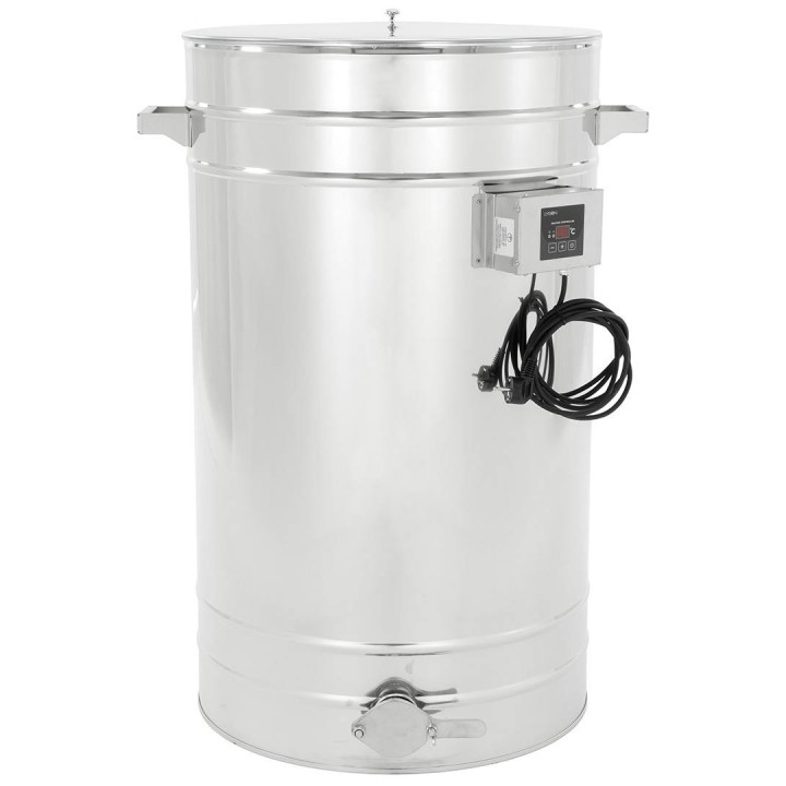 Odstojnik nierdzewny z płaszczem grzewczym 150 l / ~210 kg, 230V, zawór nierdzewny 6/4", stożkowe dno – PREMIUM