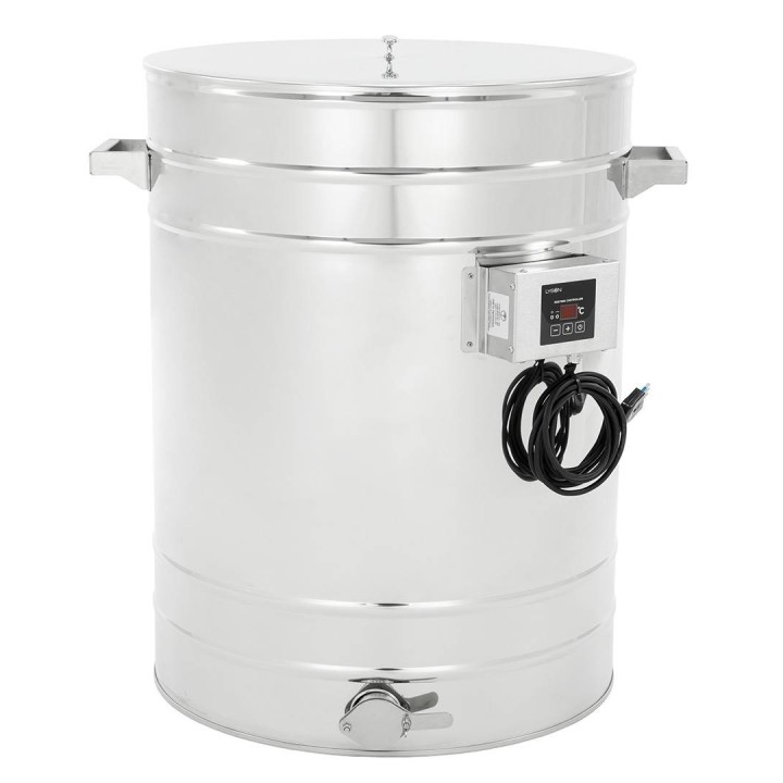 Odstojnik nierdzewny z płaszczem grzewczym 100 l / ~140 kg, 230V, zawór nierdzewny 6/4", stożkowe dno – PREMIUM