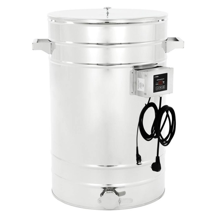 Odstojnik nierdzewny z płaszczem grzewczym 70 l / ~98 kg, 230V, zawór nierdzewny 6/4", stożkowe dno – PREMIUM