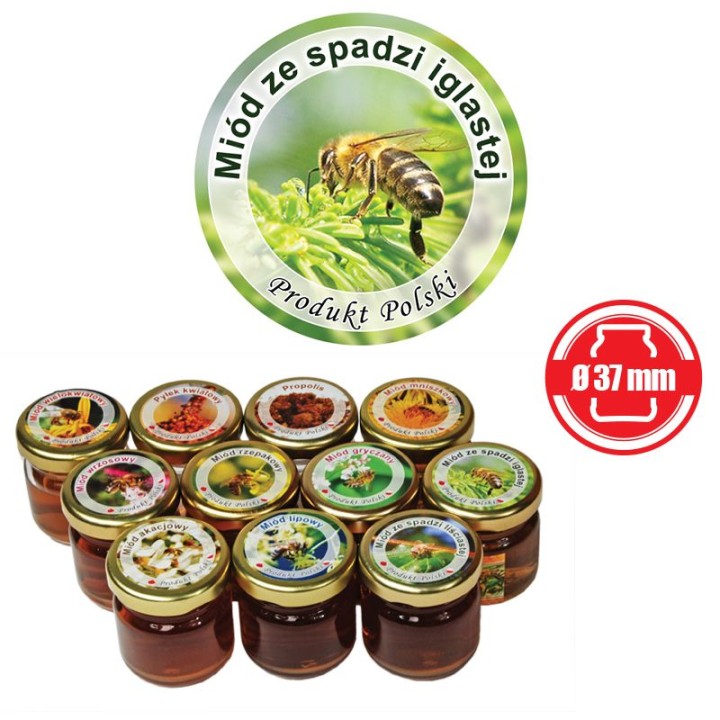 Paczka etykiet mini okrągłych na miód ze spadzi iglastej (100szt) - wzór EK6