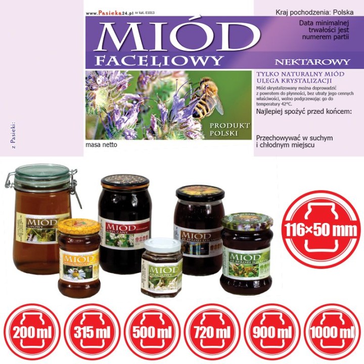 Paczka etykiet na miód faceliowy 116x50 (100szt) - wzór E1013