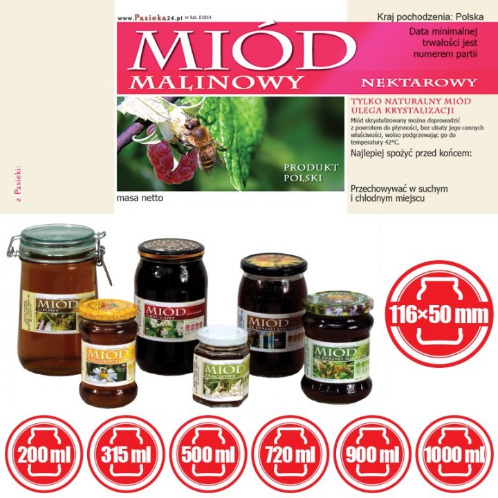 Paczka etykiet na miód malinowy 116x50 (100szt) - wzór E1014