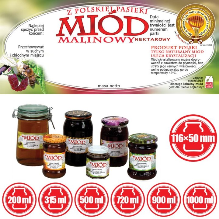 Paczka etykiet na miód malinowy 116x50 (100szt) - wzór E1019