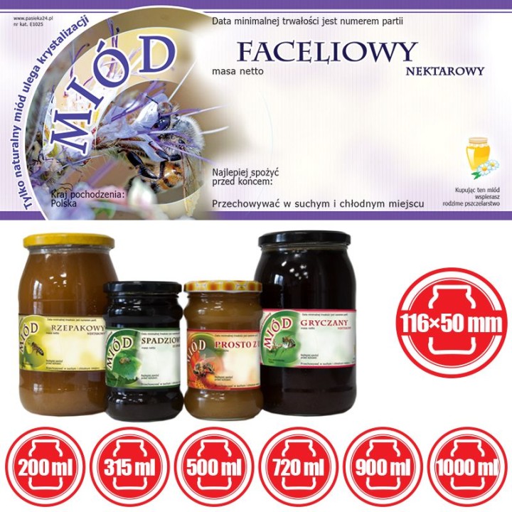 Paczka etykiet na miód faceliowy 116x50 (100szt) - wzór E1025