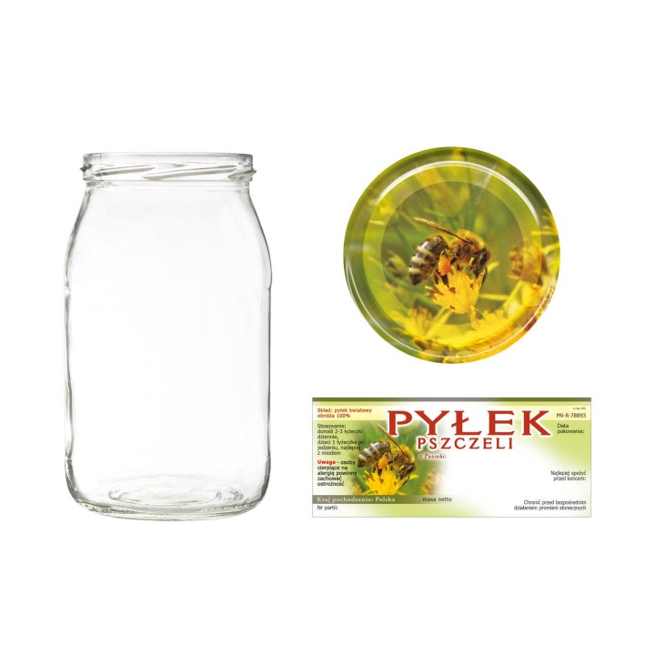 Słoiki 0,9 litra (48 szt) + nakrętki fi82 (50 szt) + etykiety na pyłek 116x50 (50 szt) - wzór A5ND110EP2