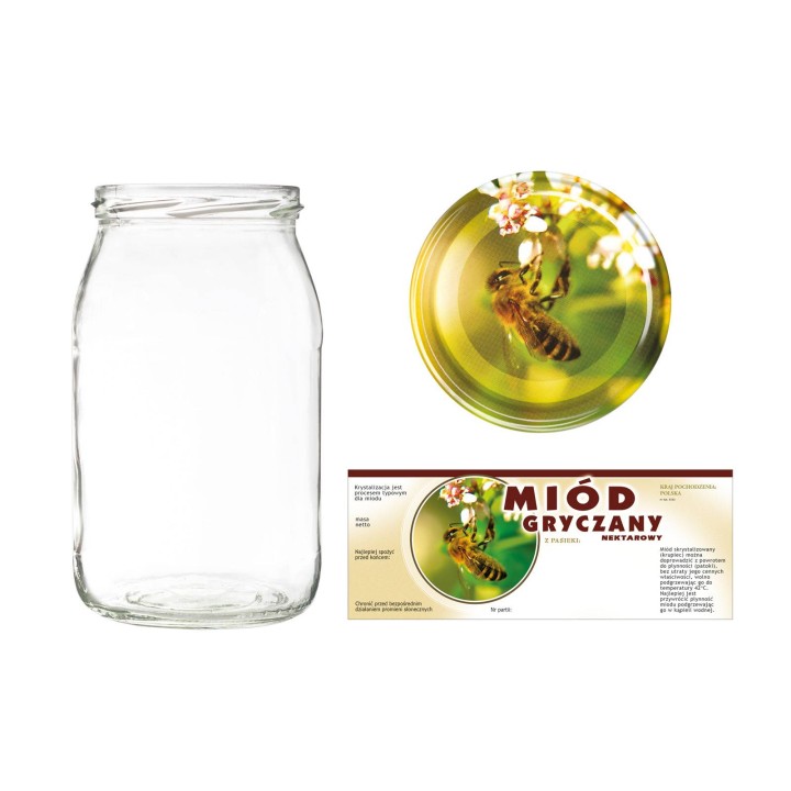 Słoiki 0,9 litra (48 szt) + nakrętki fi82 (50 szt) + etykiety na miód gryczany 154x60 (100 szt) - A5ND114E102