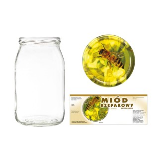 Słoiki 0,9 litra (48 szt) + nakrętki fi82 (50 szt) + etykiety na miód rzepakowy 154x60 (100 szt) - A5ND115E103