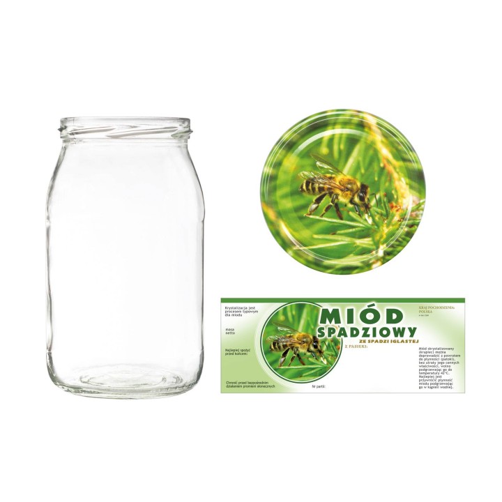 Słoiki 0,9 litra (48 szt) + nakrętki fi82 (50 szt) + etykiety na miód ze spadzi iglastej 154x60 (100 szt) - A5ND116E104