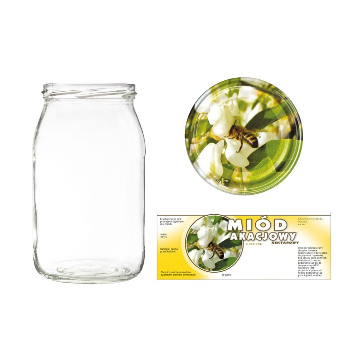 Słoiki 0,9 litra (48 szt) + nakrętki fi82 (50 szt) + etykiety na miód akacjowy 154x60 (100 szt) - A5ND117E105
