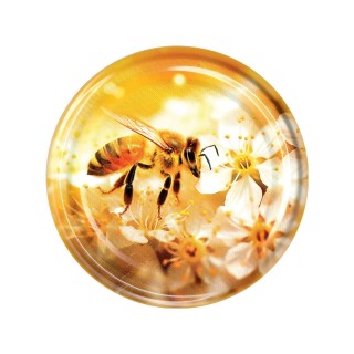 Paczka DUŻYCH nakrętek na słoiki z miodem PSZCZOŁA NA BIAŁYCH KWIATACH (50szt)  - wzór ND123