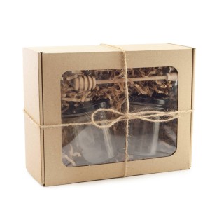 Pudełko prezentowe z oknem 25x20x10 + wypełniacz + 2 szt słoik 350ml + 2 szt nakrętki czarne + pałeczka - PP2