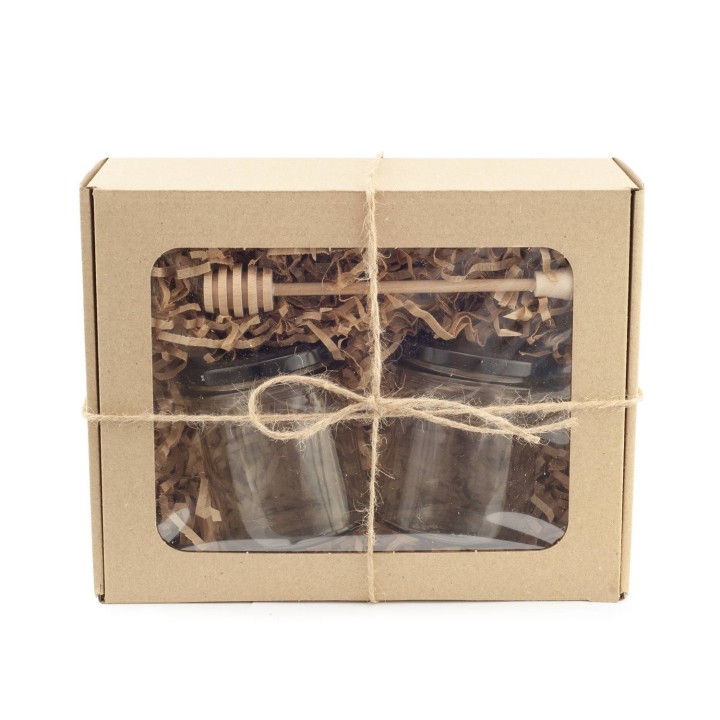 Pudełko prezentowe z oknem 25x20x10 + wypełniacz + 2 szt słoik 350ml + 2 szt nakrętki czarne + pałeczka - PP2