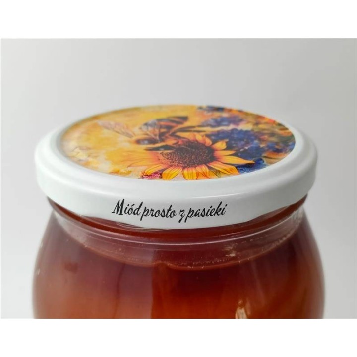 Paczka DUŻYCH nakrętek na słoiki z miodem  (50szt) kolorowe z białą obwódką - wzór ND124