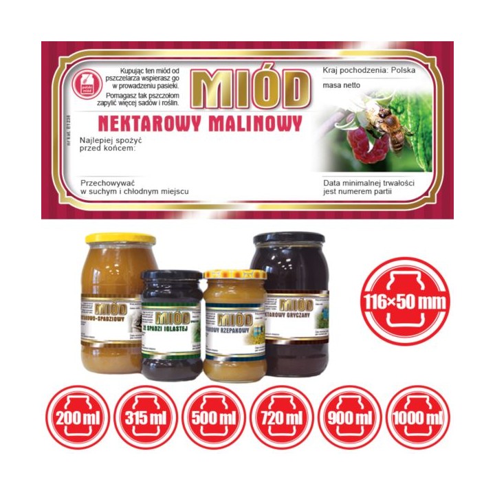 Paczka etykiet na miód malinowy 116x50 (100szt) - wzór E1235