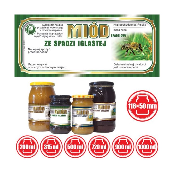 Paczka etykiet na miód ze spadzi iglastej 116x50 (100szt) - wzór E1245