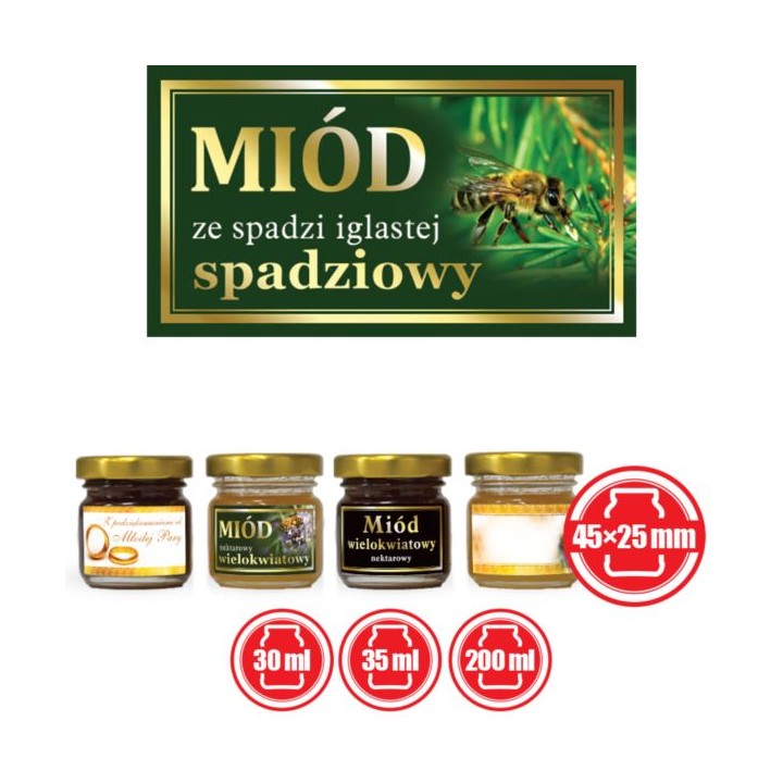 Paczka małych etykiet ze złoceniem (miód ze spadzi iglastej) 10szt - wzór EM57