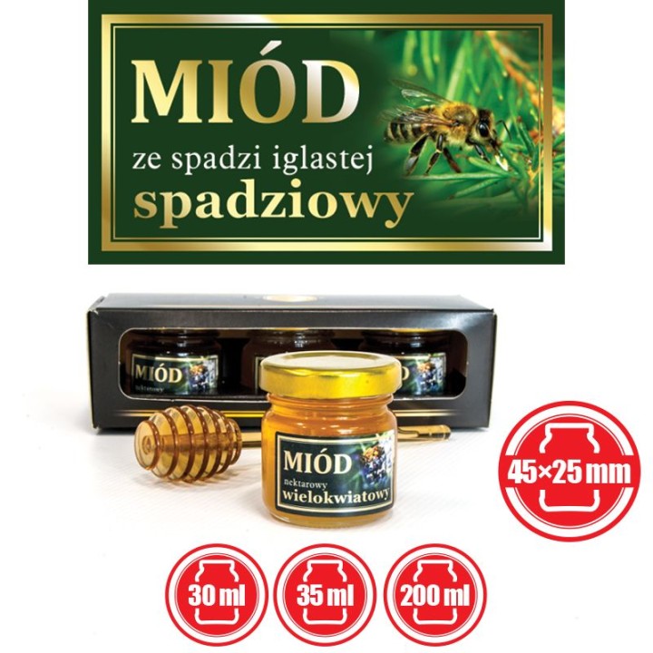 Paczka małych etykiet ze złoceniem (miód ze spadzi iglastej) 10szt - wzór EM57