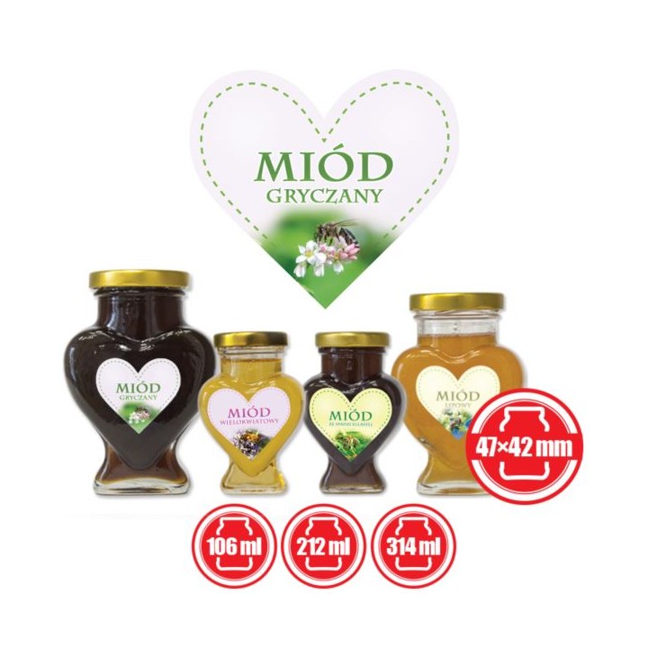 Paczka etykiet serduszek na miód gryczany 47mm x 42mm (50szt) - wzór ES9