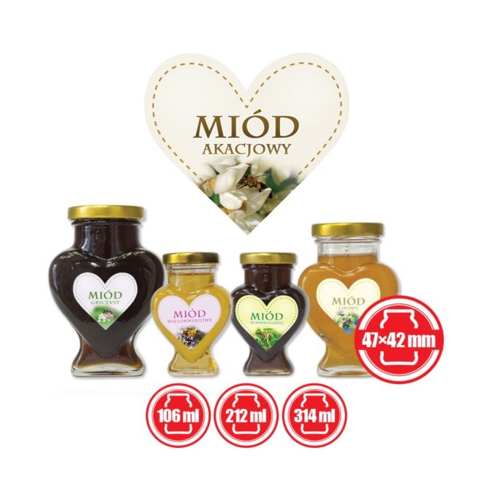Paczka etykiet serduszek na miód akacjowy 47mm x 42mm (50szt) - wzór ES12