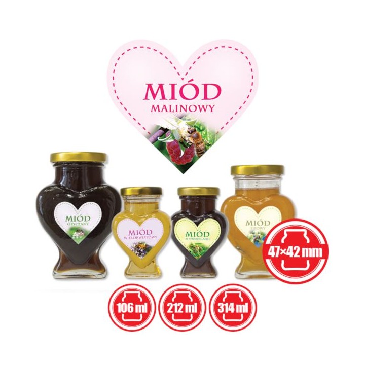 Paczka etykiet serduszek na miód malinowy 47mm x 42mm (50szt) - wzór ES14