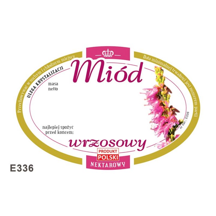 Paczka etykiet owalnych na miód wrzosowy (100szt) - wzór E336