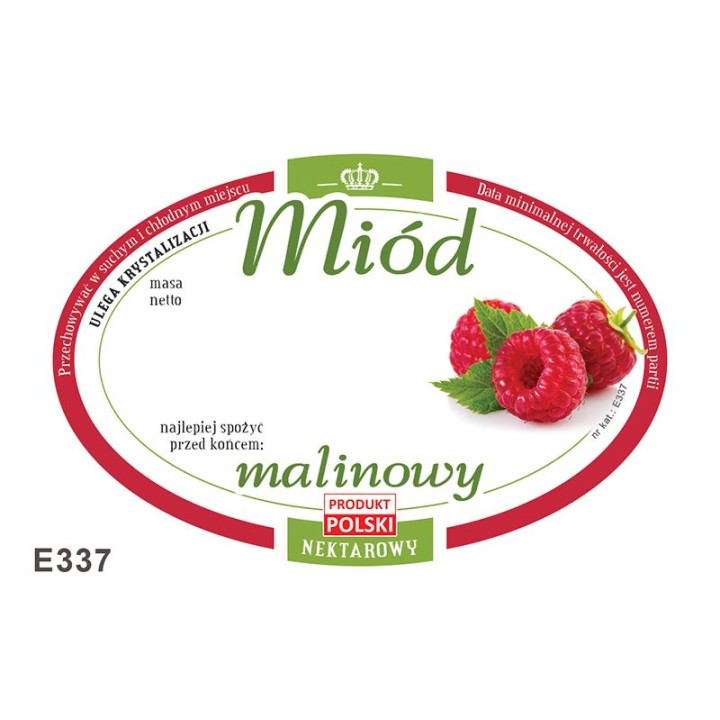 Paczka etykiet owalnych na miód malinowy (100szt) - wzór E337