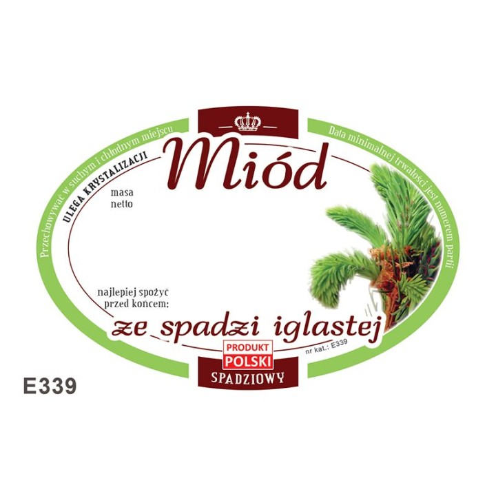 Paczka etykiet owalnych na miód ze spadzi iglastej (100szt) - wzór E339