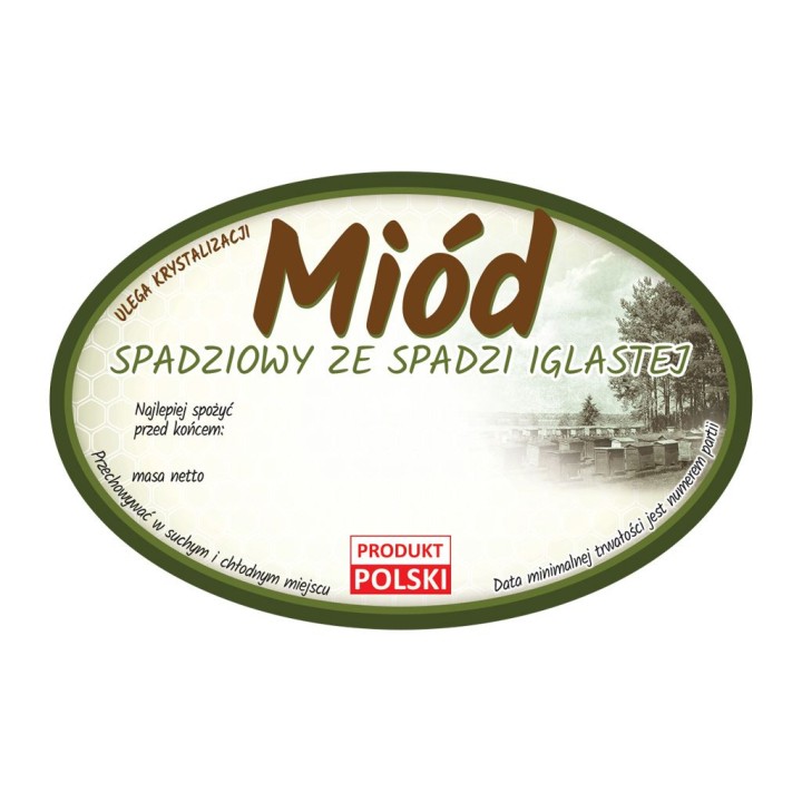 Paczka etykiet owalnych na miód ze spadzi iglastej (100szt) - wzór E369