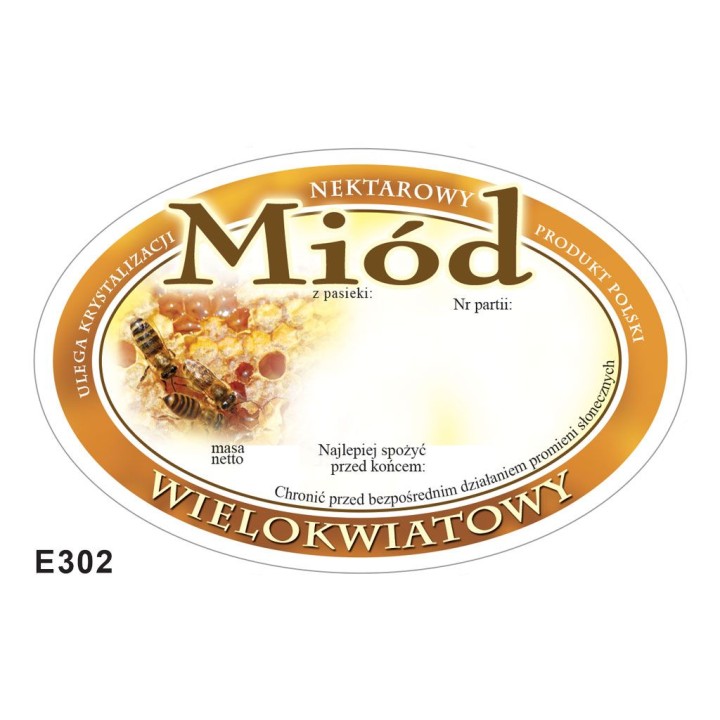 Paczka etykiet owalnych na miód wielokwiatowy (100szt) - wzór E302