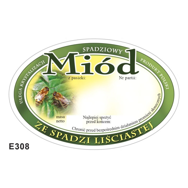Paczka etykiet owalnych na miód ze spadzi liściastej (100szt) - wzór E308