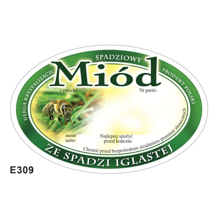 Paczka etykiet owalnych na miód ze spadzi iglastej (100szt) - wzór E309