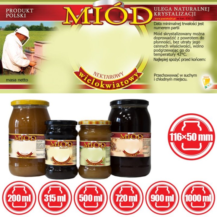 Paczka etykiet na miód wielokwiatowy (100szt) - wzór E50