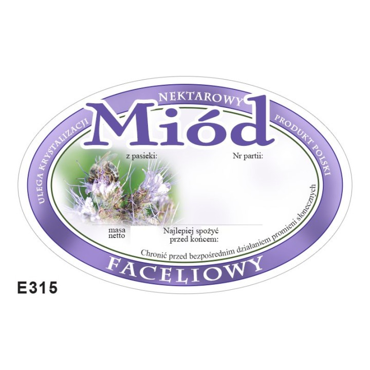 Paczka etykiet owalnych na miód faceliowy (100szt) - wzór E315