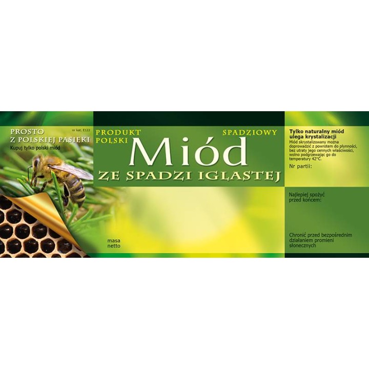 Paczka dużych etykiet na miód ze spadzi iglastej - wzór E122