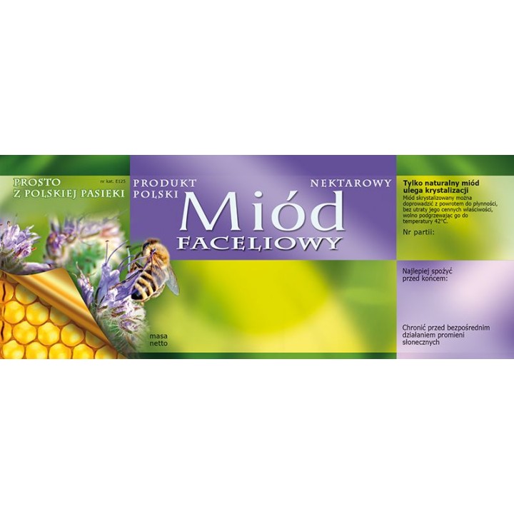 Paczka dużych etykiet na miód faceliowy - wzór E125