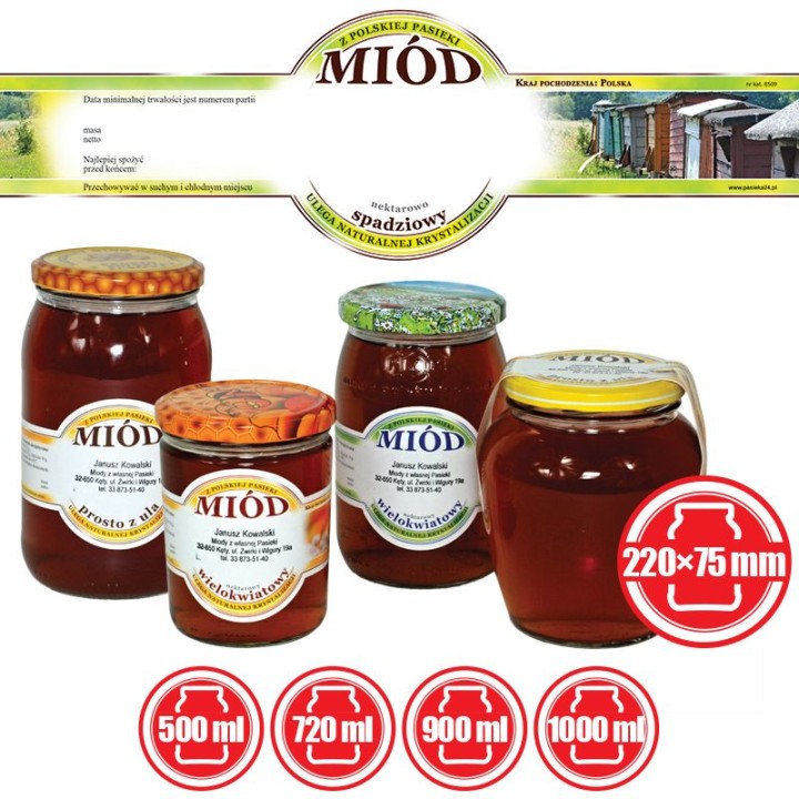 Paczka etykiet małych okrągłych na miód nektarowo spadziowy (100szt) - wzór E509