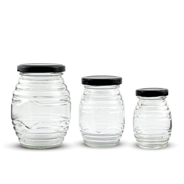 Paczka 12 szt słoiczków w prążki (180 ml) z nakrętkami czarnymi - wzór A85
